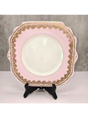 Gladstone Square Plate Vintage Pink & Gold Bone China Scalloped England VL5118